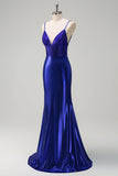 Royal Blue Mermaid V-ringad pärlstav Satin Balklänning med öppen rygg