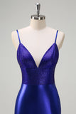 Royal Blue Mermaid V-ringad pärlstav Satin Balklänning med öppen rygg