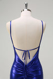 Royal Blue Mermaid V-ringad pärlstav Satin Balklänning med öppen rygg