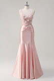 Glittrande Rosa Sjöjungfru Spaghetti Remmar Korsett Blommor Satin Lång Prom Klänning