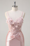 Glittrande Rosa Sjöjungfru Spaghetti Remmar Korsett Blommor Satin Lång Prom Klänning