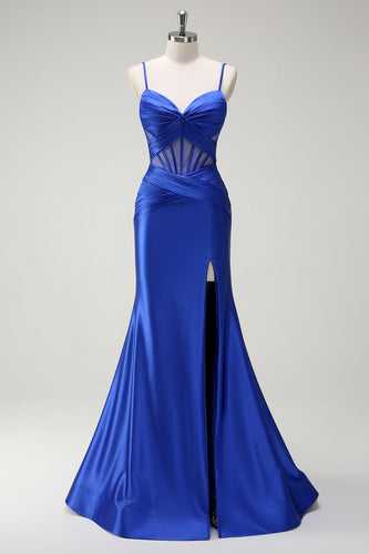 Royal Blue Mermaid Spaghetti Straps Satin Korsett Lång Balklänning med slits