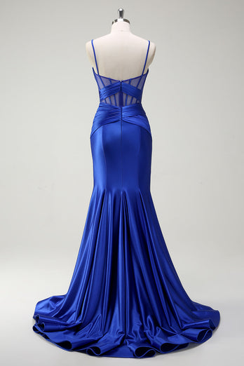 Royal Blue Mermaid Spaghetti Straps Satin Korsett Lång Balklänning med slits