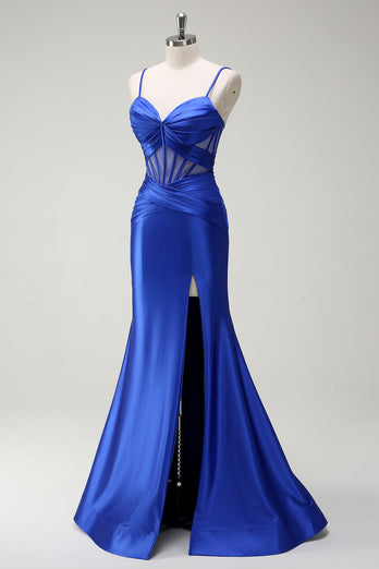 Royal Blue Mermaid Spaghetti Straps Satin Korsett Lång Balklänning med slits