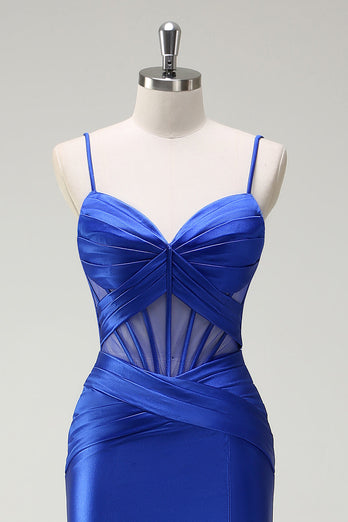 Royal Blue Mermaid Spaghetti Straps Satin Korsett Lång Balklänning med slits