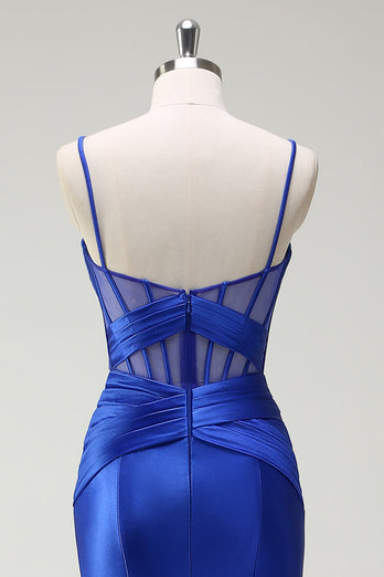 Royal Blue Mermaid Spaghetti Straps Satin Korsett Lång Balklänning med slits