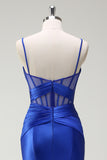 Royal Blue Mermaid Spaghetti Straps Satin Korsett Lång Balklänning med slits
