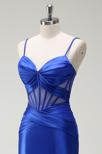 Royal Blue Mermaid Spaghetti Straps Satin Korsett Lång Balklänning med slits