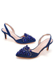 Svart Strass Heel Slingback Sandaler Spetsig tå Slip On Block Klackar