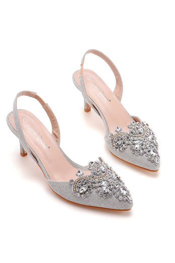 Svart Strass Heel Slingback Sandaler Spetsig tå Slip On Block Klackar