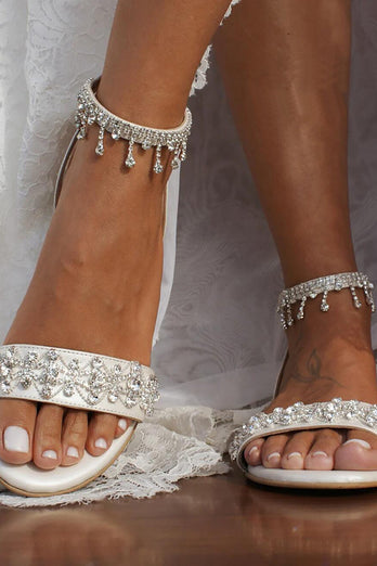 Vit Strass Sandal med låg klack