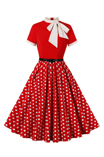 A Line Svart Polka Dots Korta ärmar 1950-talet Klänning med Bälte