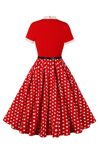 A Line Svart Polka Dots Korta ärmar 1950-talet Klänning med Bälte