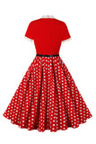 A Line Svart Polka Dots Korta ärmar 1950-talet Klänning med Bälte