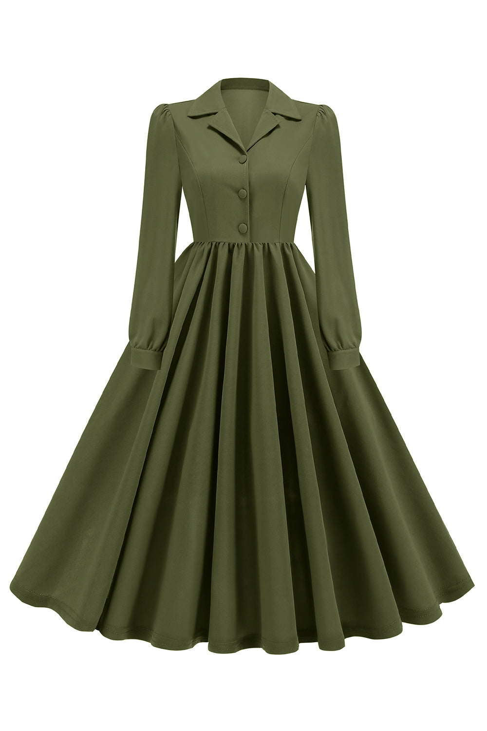 Army Green Notched Lapel Plisserad 1950-tals klänning med långa ärmar