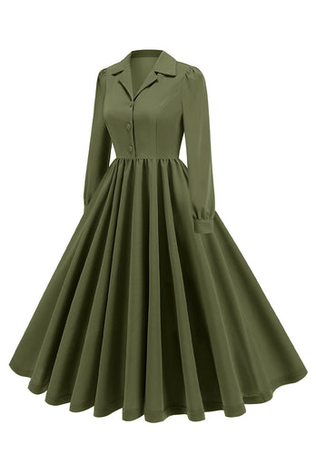 Army Green Notched Lapel Plisserad 1950-tals klänning med långa ärmar