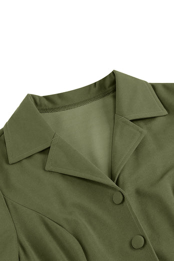 Army Green Notched Lapel Plisserad 1950-tals klänning med långa ärmar