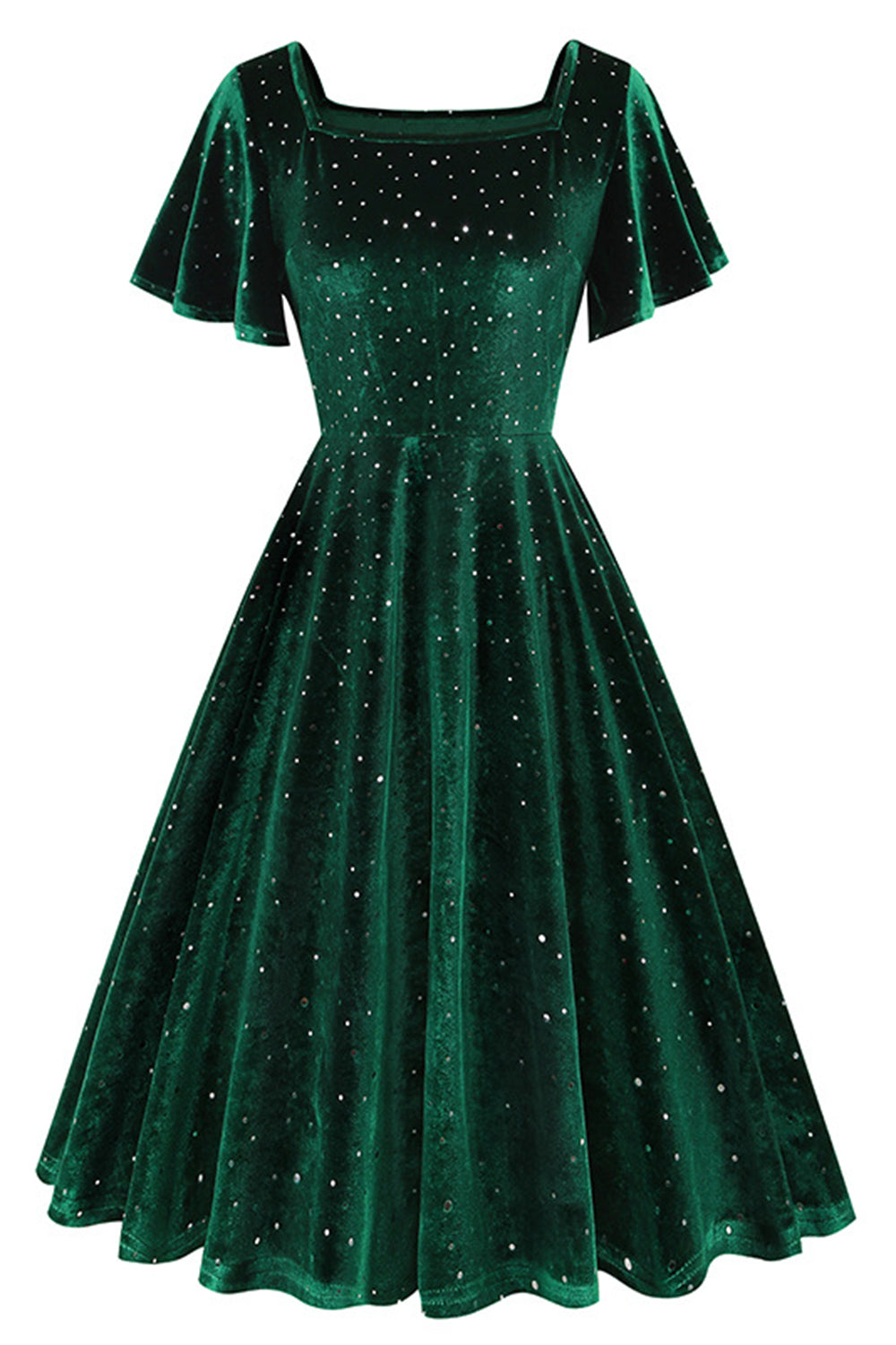 Dark Green Dotted Velvet Square Neck Flying Sleeve Midi Vintage Dress