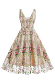 Svart Blommig Spets Broderi Ärmlös Elegant Vintage Klänning