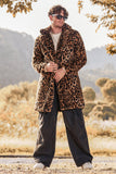 Brun Leopard Tryck Kavajslag Krage Fuskpäls Mellanlång Mäns Vinter Kappa