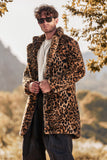 Brun Leopard Tryck Kavajslag Krage Fuskpäls Mellanlång Mäns Vinter Kappa