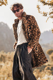 Brun Leopard Tryck Kavajslag Krage Fuskpäls Mellanlång Mäns Vinter Kappa