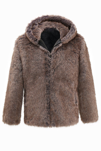 Khaki Mäns Vinter Faux Fur Coat Hooded