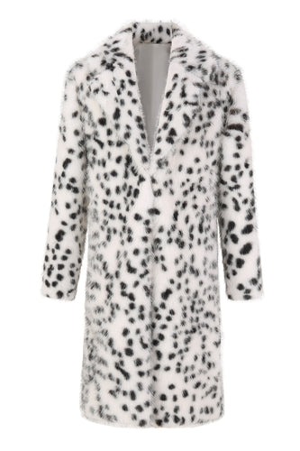 Vit Svart Leopard Tryck Faux Fur Coat Mäns Mellanlång kostym krage