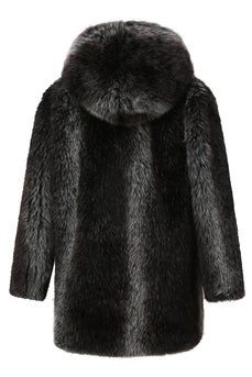 Svart Mäns Vinter Pösig Långärmad Huva Faux Fur Coat