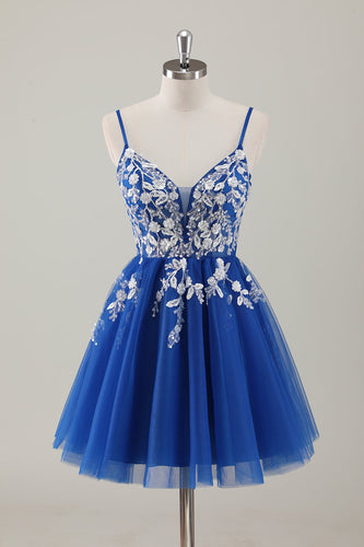 Royal Blue Spaghetti Straps Kort Homecoming Klänning med applikationer