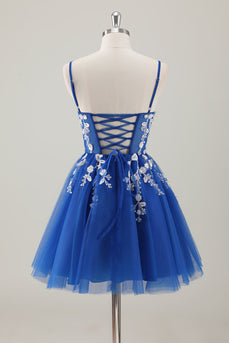 Royal Blue Spaghetti Straps Kort Homecoming Klänning med applikationer