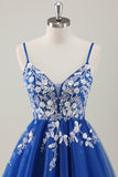 Royal Blue Spaghetti Straps Kort Homecoming Klänning med applikationer