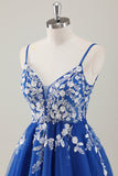 Royal Blue Spaghetti Straps Kort Homecoming Klänning med applikationer
