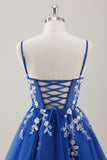 Royal Blue Spaghetti Straps Kort Homecoming Klänning med applikationer
