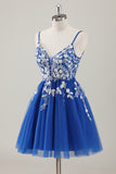Royal Blue Spaghetti Straps Kort Homecoming Klänning med applikationer