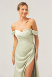 Salvia Sjöjungfru Off The Shoulder Plisserad Satin Bridesmaid Klänning med slits