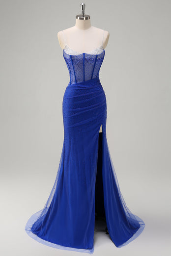 Royal Blue Korsett Mermaid Slit Lång Balklänning med Beading