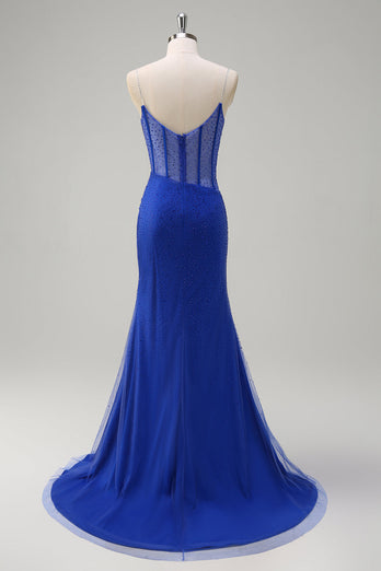 Royal Blue Korsett Mermaid Slit Lång Balklänning med Beading