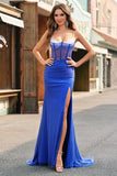 Royal Blue Korsett Mermaid Slit Lång Balklänning med Beading
