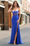 Royal Blue Korsett Mermaid Slit Lång Balklänning med Beading