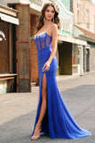 Royal Blue Korsett Mermaid Slit Lång Balklänning med Beading