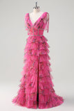Fuchsia A Line Volang V-ringad Tiered Blommig Balklänning med slits