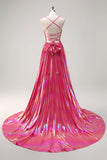 Fuchsia A-linje Spaghetti remmar Metallic veckad lång balklänning med slits
