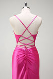 Glittrande Fuchsia Sjöjungfru Spaghetti Remmar Pärlstav Korsett Satin Lång Balklänning med Slits