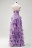 Lila A-linje från axeln Korsett Blommig Ruffles Lång Balklänning med slits