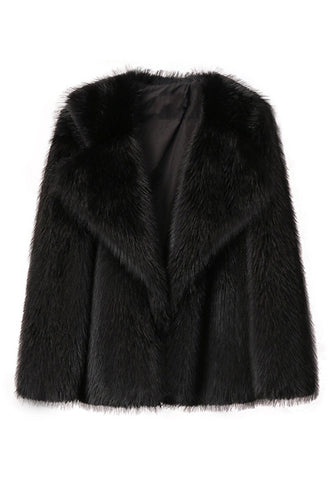 Svart Notched Kavajslag Långärmade Faux Fur Kort Kappa