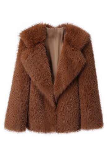 Svart Notched Kavajslag Långärmade Faux Fur Kort Kappa