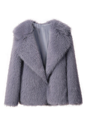 Svart Notched Kavajslag Långärmade Faux Fur Kort Kappa