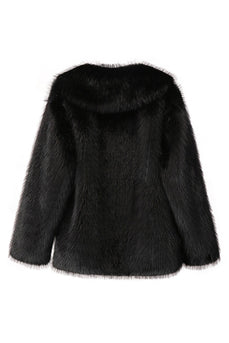 Svart Notched Kavajslag Långärmade Faux Fur Kort Kappa