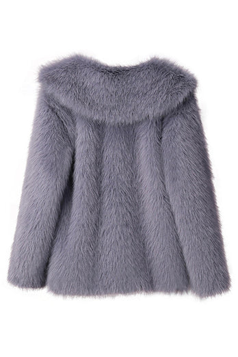 Svart Notched Kavajslag Långärmade Faux Fur Kort Kappa